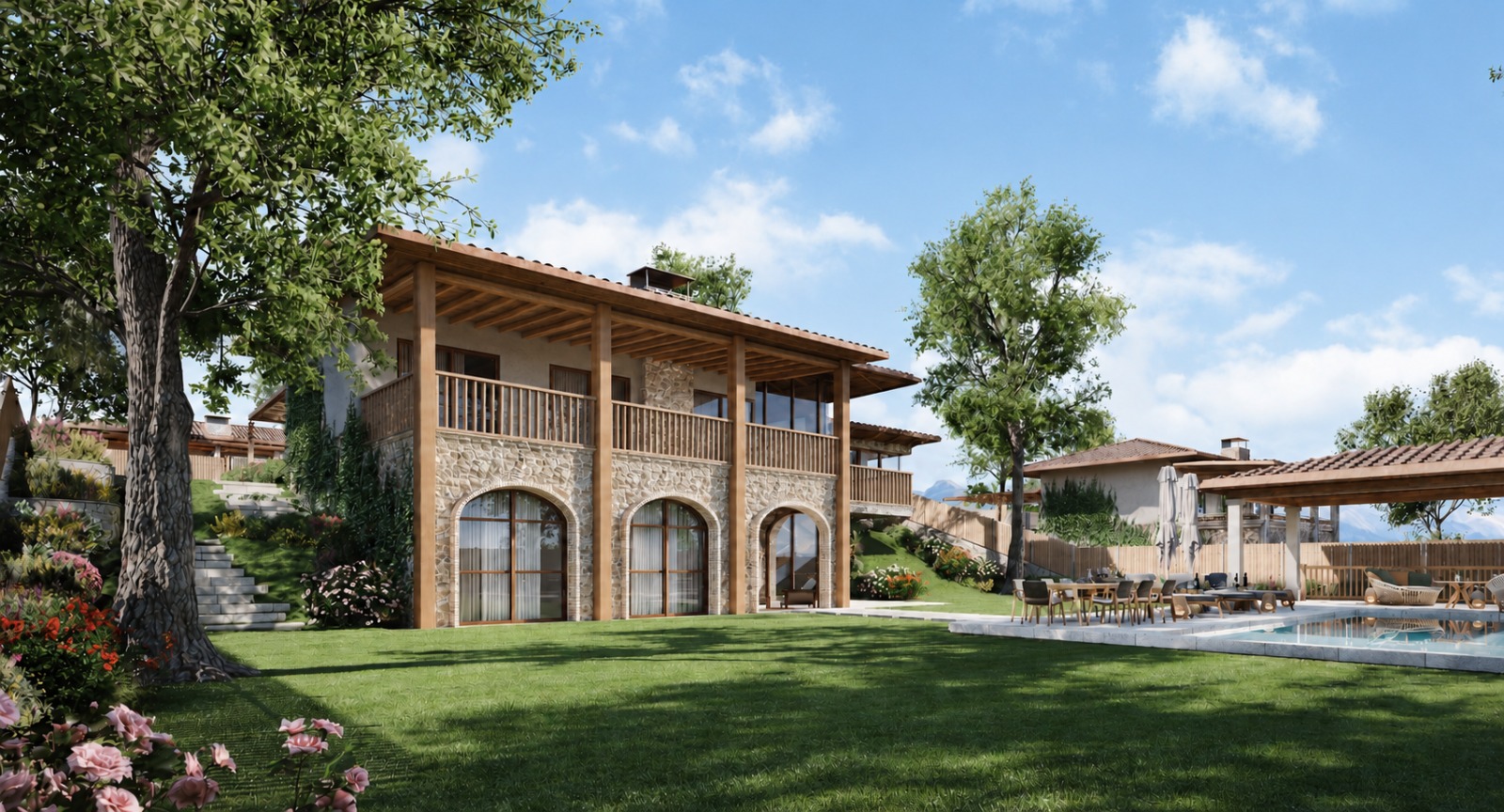 Villa with arched windows and garden — project visualisation