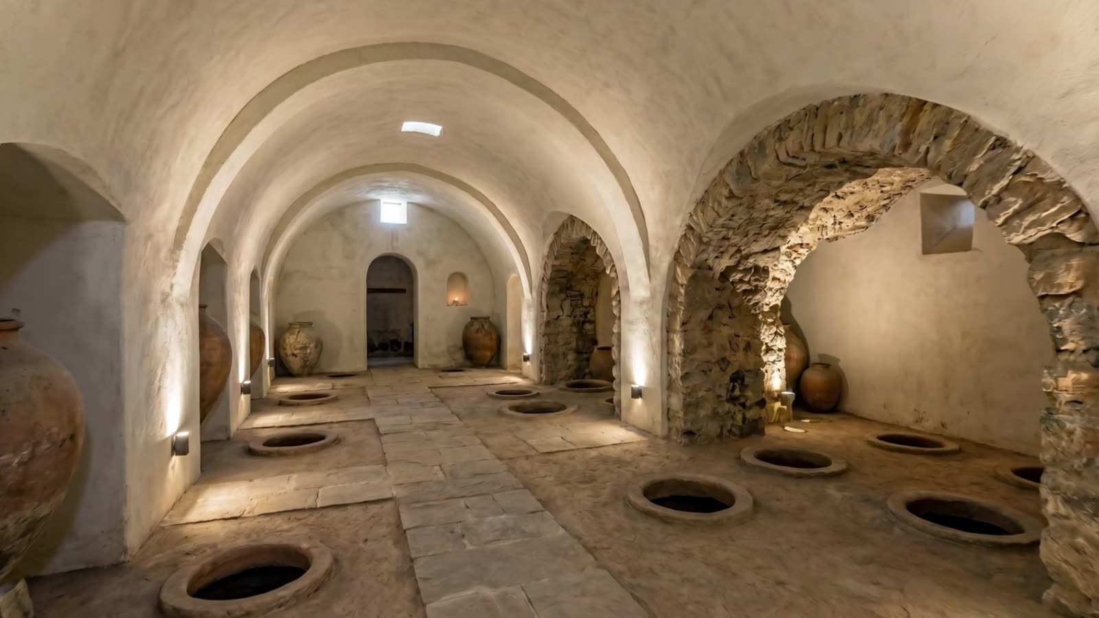 The mouth of a qvevri in a vaulted stone cellar, one lamp, concept film frame