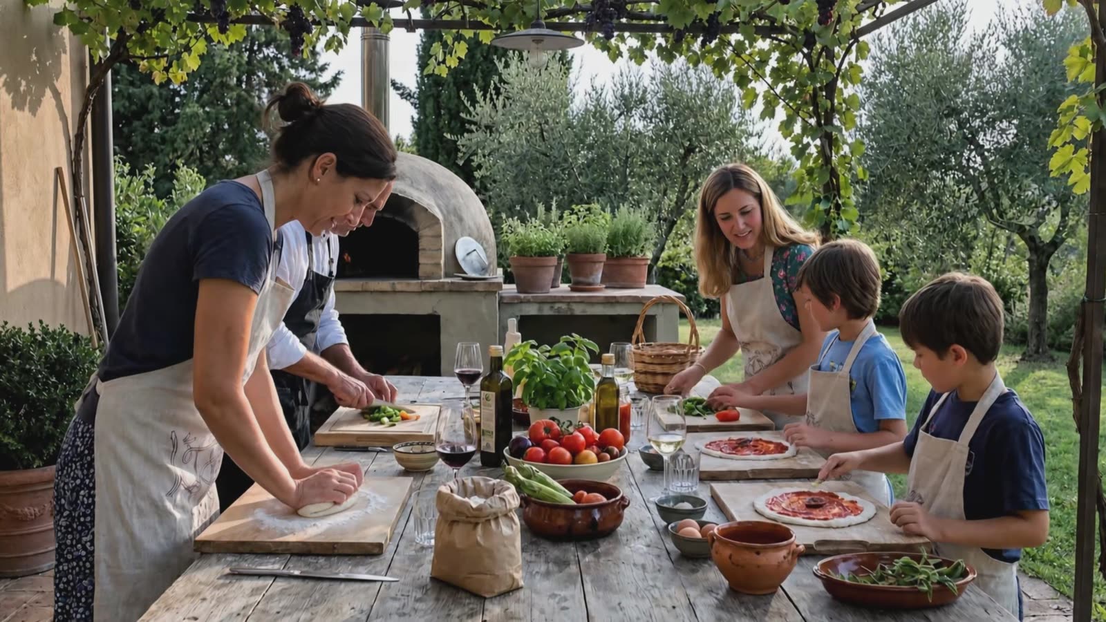 A long outdoor table with adults and children cooking, concept film frame