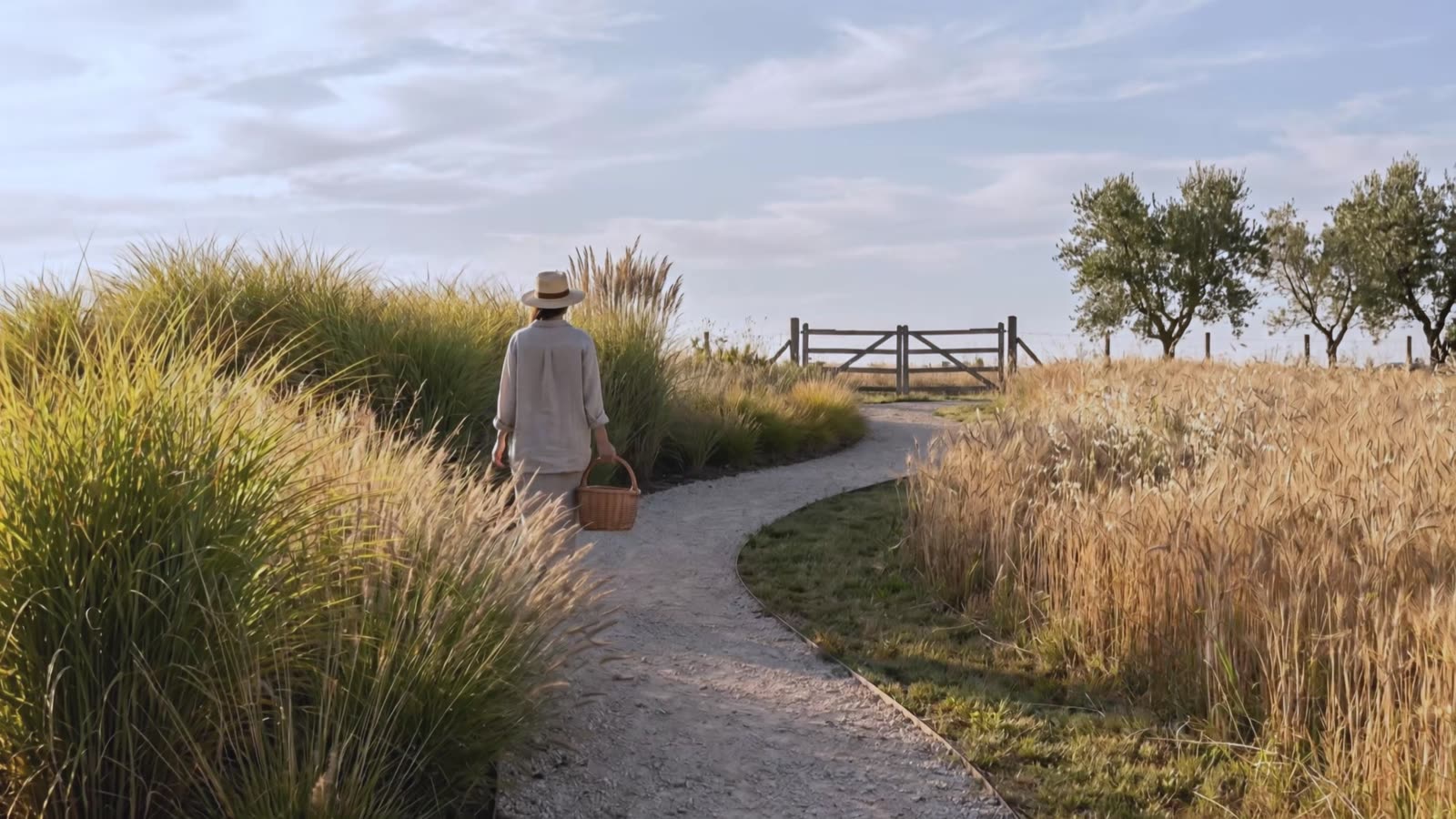 One person walking away along a gravel path through tall grass, concept film frame