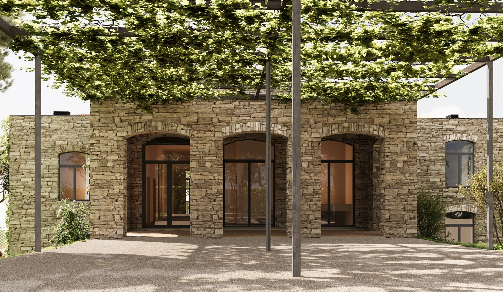 A stone courtyard under a vine pergola at the end of the day, project visualisation