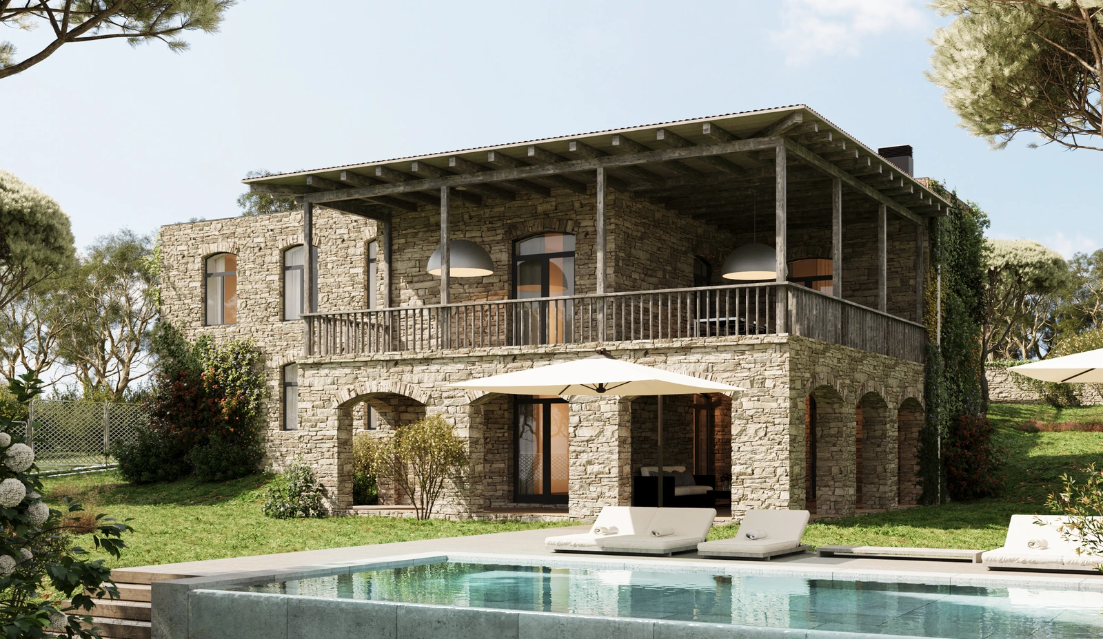 A stone house, terrace and pool in afternoon light, project visualisation