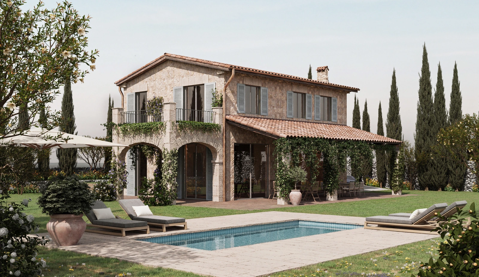 A two-storey stone house with a pool and lawn, project visualisation