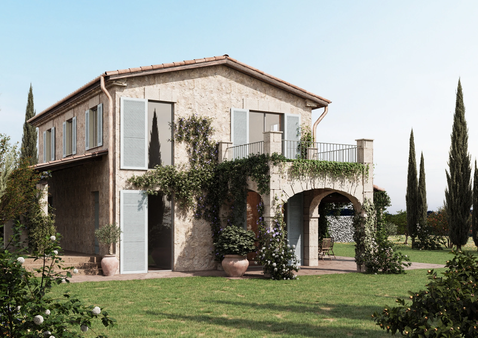 Stone villa and green courtyard — project visualisation