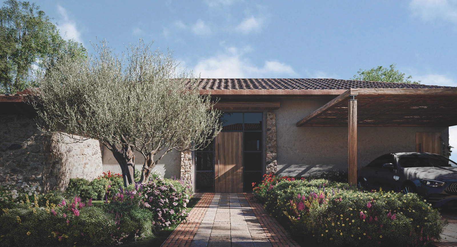 A garden path to a house entrance under a timber canopy, project visualisation