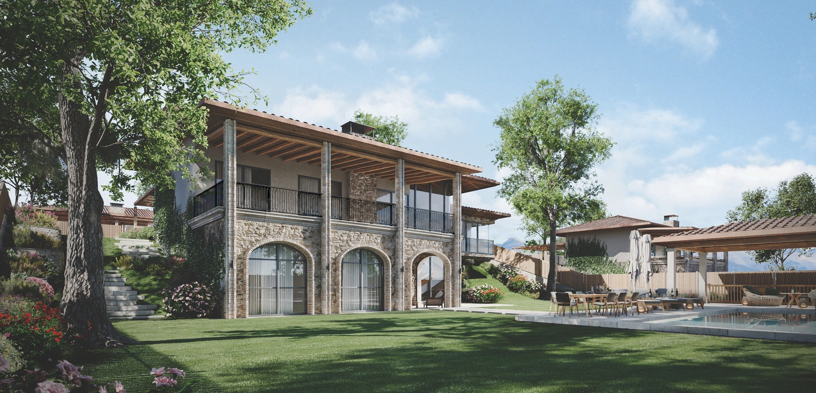 A house front with arched glazing on a lawn, project visualisation