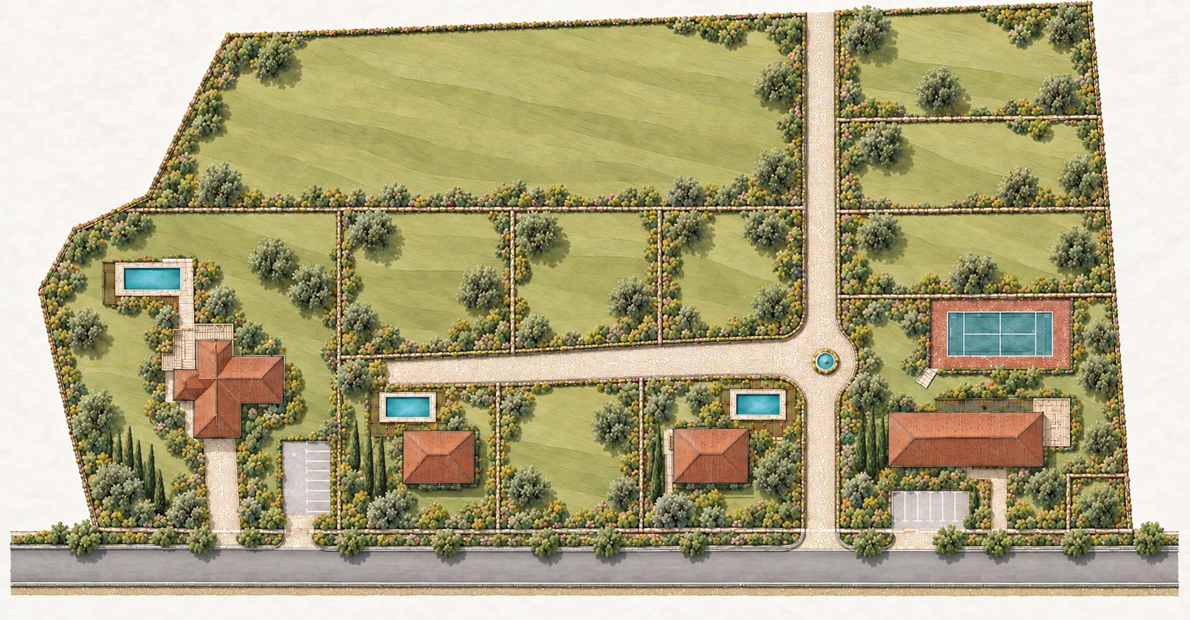 Illustrated Villa Iveria plan with villas, plots, a fountain, a padel court and wine cellar