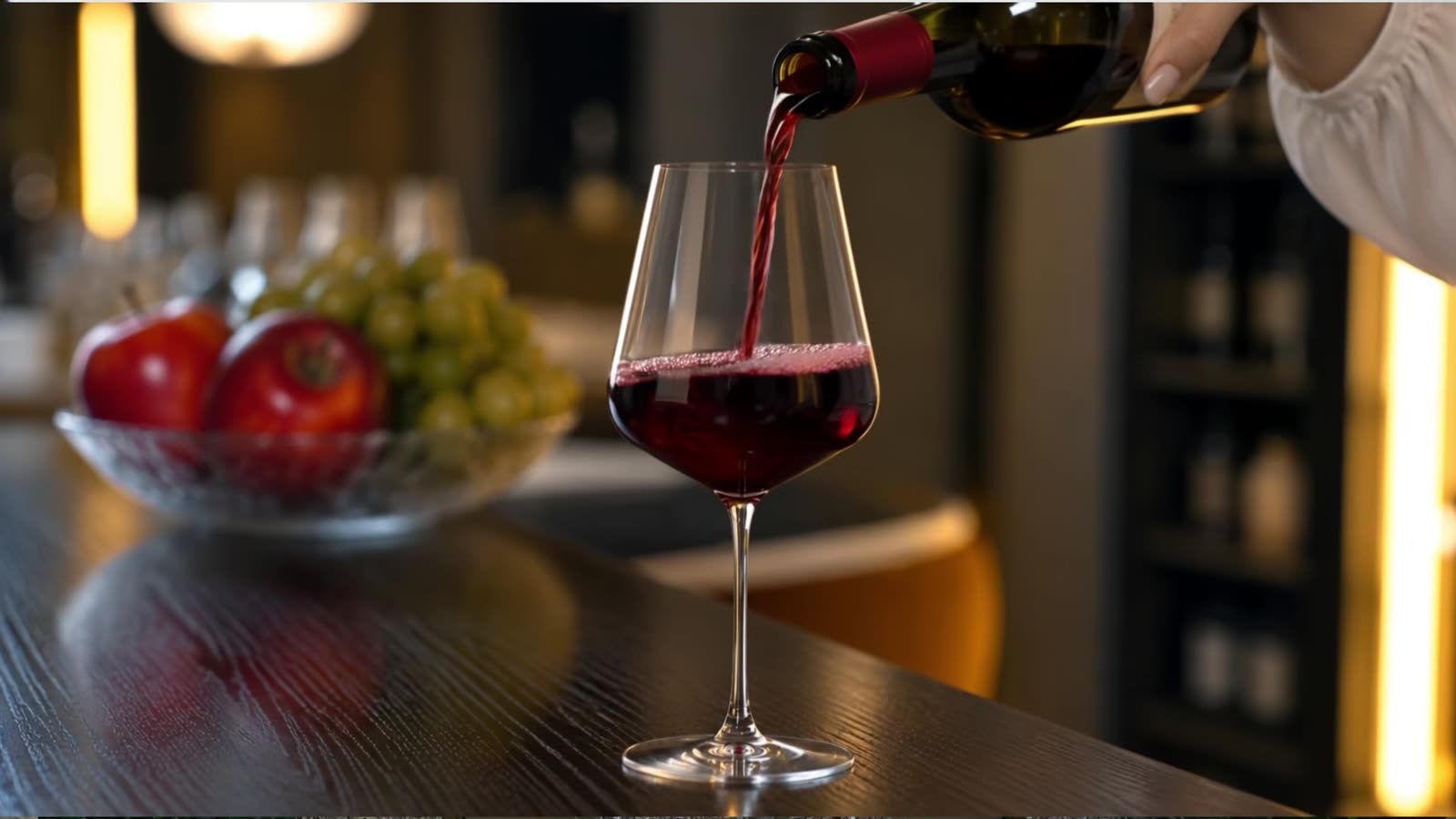 Red wine poured beside a bowl of fruit, concept film frame